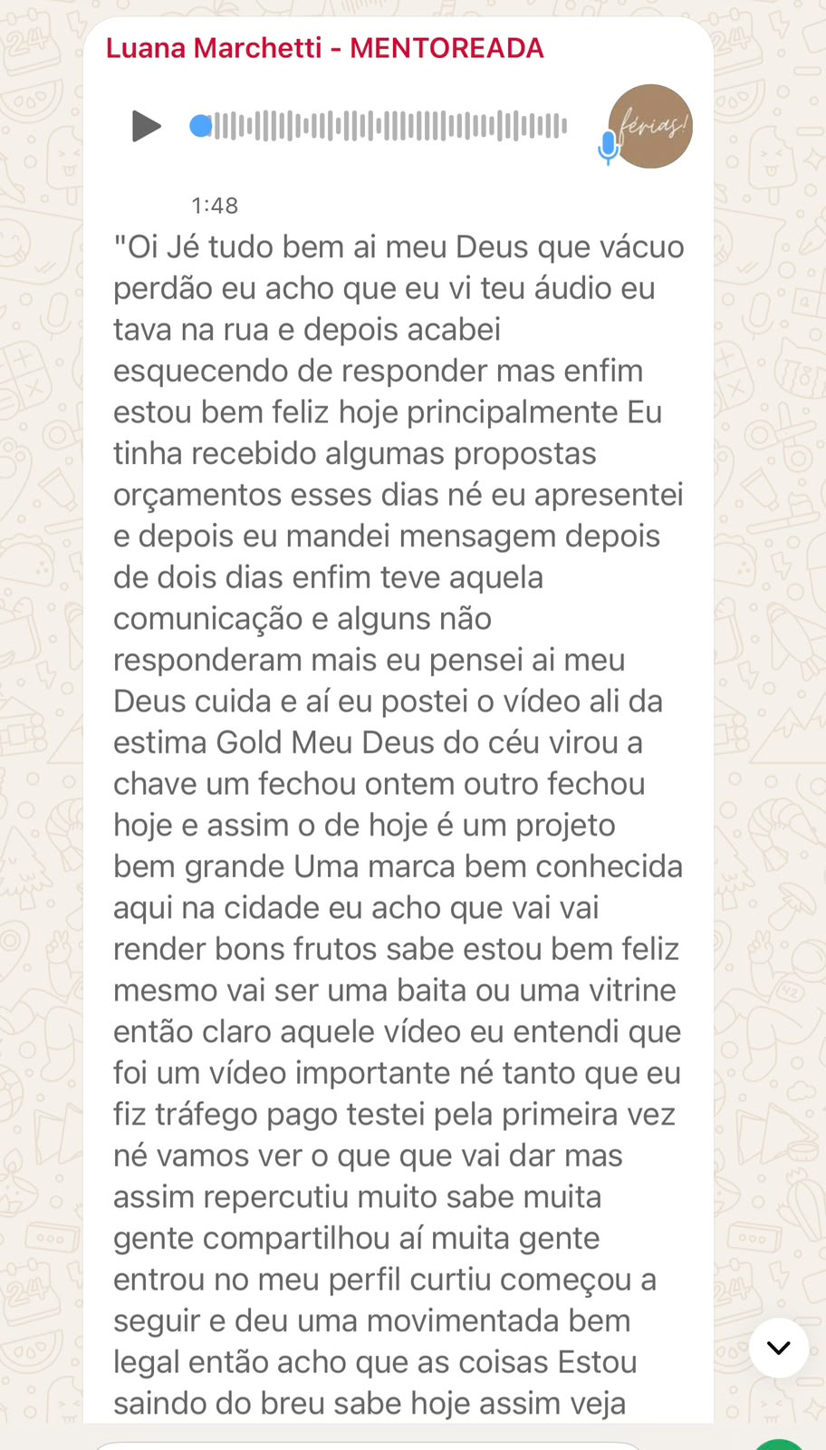 Depoimento de Luana Marchetti no WhatsApp